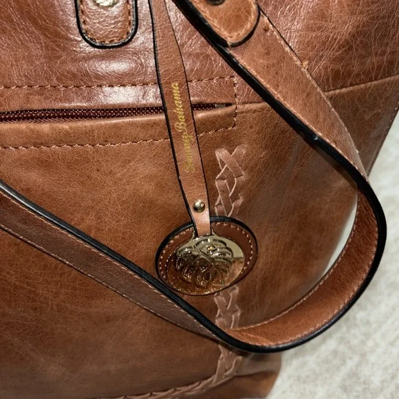 Leather Tommy Bahama purse handbag brown tobacco color flat bottom - Picture 3 of 12